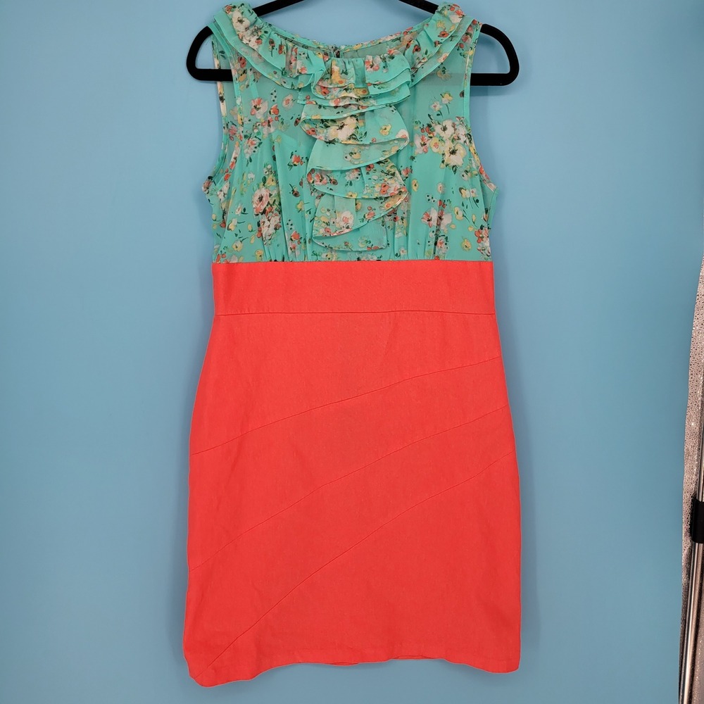ALYX Floral Sheath Dress Womens 12 Coral Teal Ruffle Sleeveless Colorblock